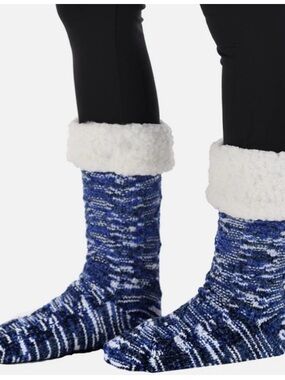 The Comfy Slipper Socks in a blue multi-color marled knit one size